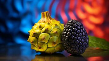 Photo of Noni fruit half against a colorful abstract background. Generative AI