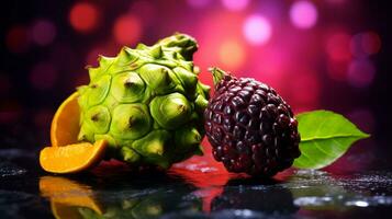 Photo of Noni fruit half against a colorful abstract background. Generative AI