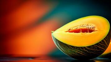 Photo of Melon fruit half against a colorful abstract background. Generative AI