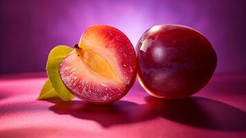 Photo of Marian plum fruit half against a colorful abstract background. Generative AI