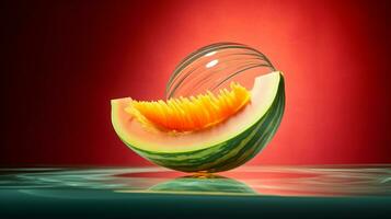 Photo of Melon fruit half against a colorful abstract background. Generative AI