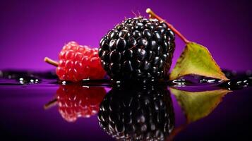 Photo of Marionberry fruit half against a colorful abstract background. Generative AI