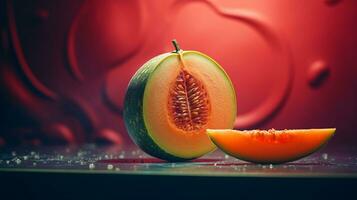 Photo of Melon fruit half against a colorful abstract background. Generative AI