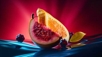 Photo of Mombin fruit half against a colorful abstract background. Generative AI