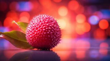 Photo of Lychee fruit half against a colorful abstract background. Generative AI