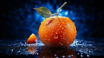 Photo of Mandarin fruit half against a colorful abstract background. Generative AI