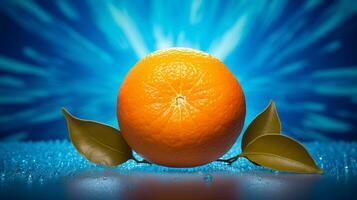 Photo of Mandarin orange fruit half against a colorful abstract background. Generative AI