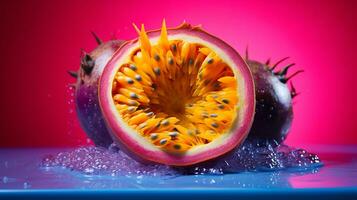 Photo of Maracuja fruit half against a colorful abstract background. Generative AI