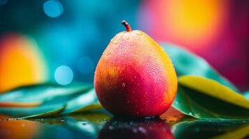 Photo of Mango fruit half against a colorful abstract background. Generative AI