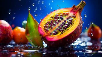 Photo of Mamoncillo fruit half against a colorful abstract background. Generative AI