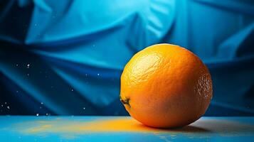 Photo of Mandarin orange fruit half against a colorful abstract background. Generative AI