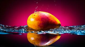 Photo of Mango fruit half against a colorful abstract background. Generative AI