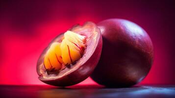 Photo of Mangosteen fruit half against a colorful abstract background. Generative AI