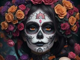 A Girl Day Of The Dead Makeup, Generative Ai photo