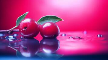 Photo of Lingonberry fruit half against a colorful abstract background. Generative AI