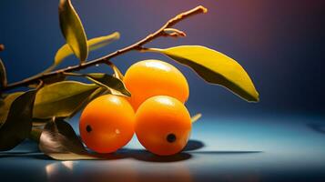 Photo of Kumquat fruit half against a colorful abstract background. Generative AI