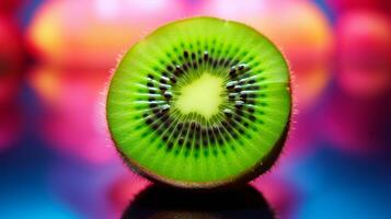 foto de kiwi Fruta medio en contra un vistoso resumen antecedentes. generativo ai