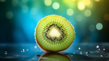 Photo of Kiwifruit half against a colorful abstract background. Generative AI