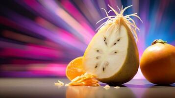 Photo of Jicama fruit half against a colorful abstract background. Generative AI