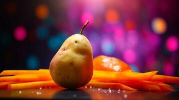 Photo of Jicama fruit half against a colorful abstract background. Generative AI