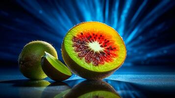 Photo of Kiwamo fruit half against a colorful abstract background. Generative AI