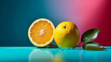 Photo of Lemon fruit half against a colorful abstract background. Generative AI