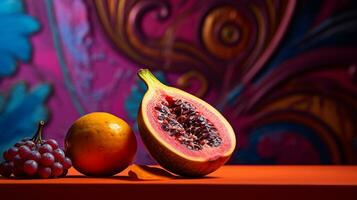 Photo of Jamblang fruit half against a colorful abstract background. Generative AI