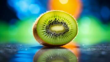 foto de kiwi Fruta medio en contra un vistoso resumen antecedentes. generativo ai