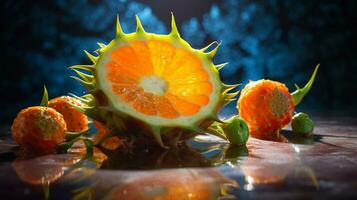 Photo of Kiwano fruit half against a colorful abstract background. Generative AI