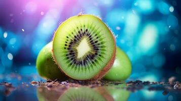 Photo of Kiwifruit half against a colorful abstract background. Generative AI