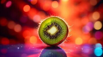 foto de kiwi Fruta medio en contra un vistoso resumen antecedentes. generativo ai