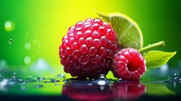 Photo of Lime berry fruit half against a colorful abstract background. Generative AI