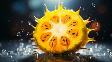 Photo of Kiwano fruit half against a colorful abstract background. Generative AI