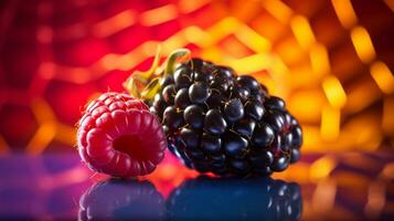 Photo of Honeyberry fruit half against a colorful abstract background. Generative AI