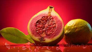 Photo of Guava fruit half against a colorful abstract background. Generative AI