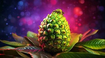 Photo of Guanabana fruit half against a colorful abstract background. Generative AI