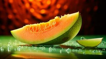 Photo of Honeydew fruit half against a colorful abstract background. Generative AI