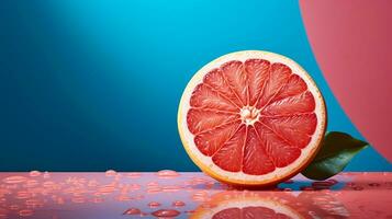 Photo of Grapefruit half against a colorful abstract background. Generative AI