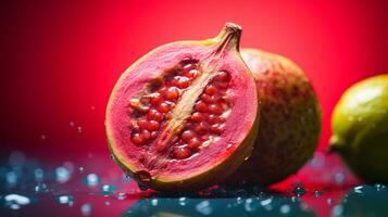 Photo of Guava fruit half against a colorful abstract background. Generative AI