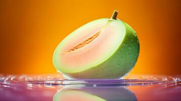 Photo of Honeydew fruit half against a colorful abstract background. Generative AI