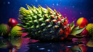 Photo of Guanabana fruit half against a colorful abstract background. Generative AI