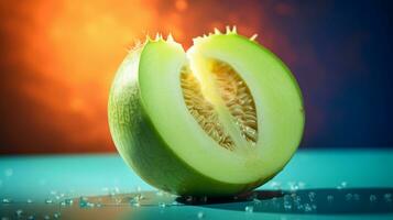 Photo of Honeydew fruit half against a colorful abstract background. Generative AI