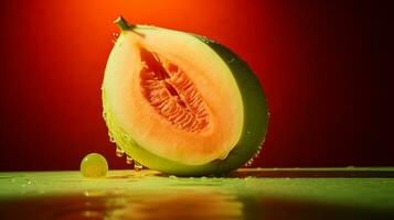 Photo of Honeydew fruit half against a colorful abstract background. Generative AI