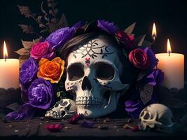 Day Of The Dead. Skull With Flowers. Generative Ai photo
