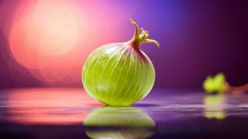 Photo of Gooseberry fruit half against a colorful abstract background. Generative AI