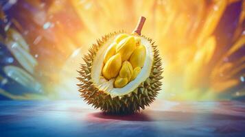 Photo of Durian fruit half against a colorful abstract background. Generative AI