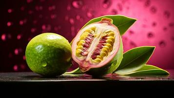 Photo of Feijoa fruit half against a colorful abstract background. Generative AI