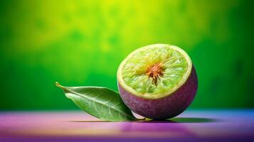 Photo of Feijoa fruit half against a colorful abstract background. Generative AI