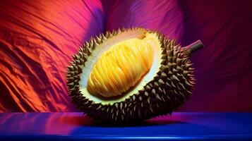 Photo of Durian fruit half against a colorful abstract background. Generative AI