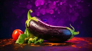 Photo of Eggplant fruit half against a colorful abstract background. Generative AI